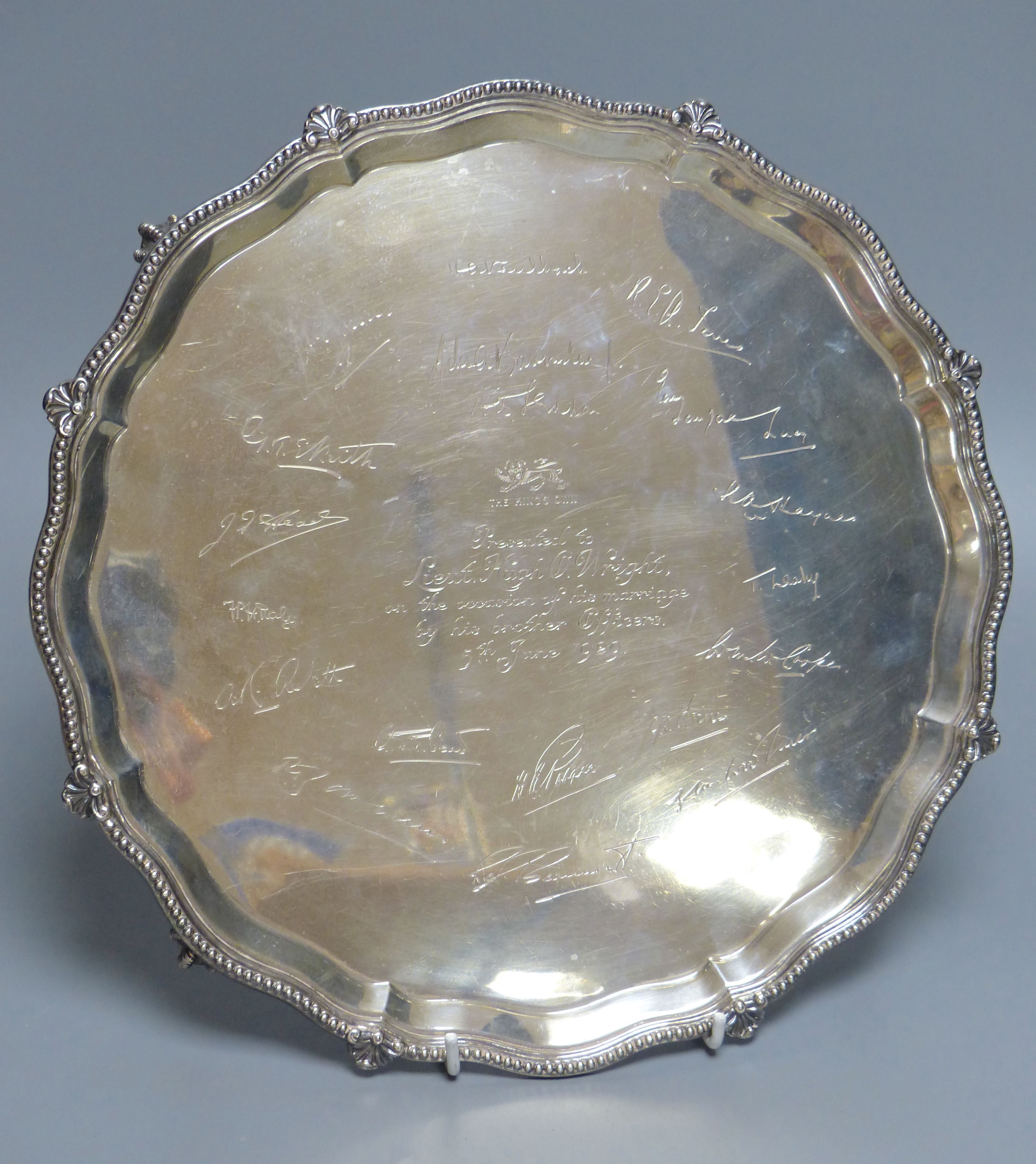 An Edwardian silver salver, later engraved with signatures, James Dixon & Sons, Sheffield, 1906, 32cm,